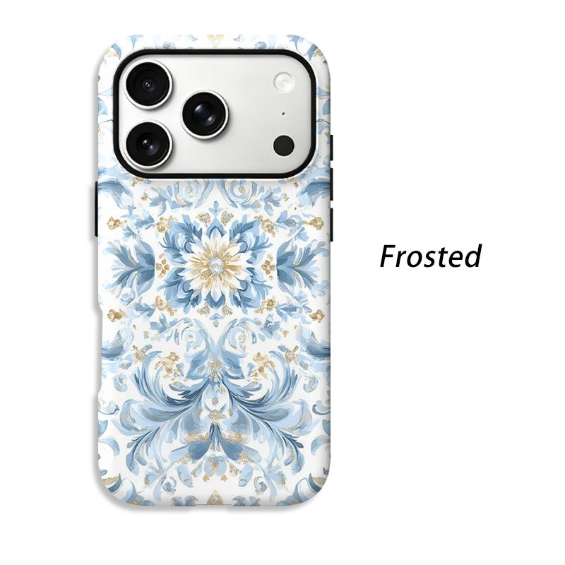 Refined Blue Gold Ornate Baroque Floral Pattern Graphic Art Film Aesthetic Protective Shockproof Bumper Case Cover For iPhone 13 14 15 16 Pro Max Plus