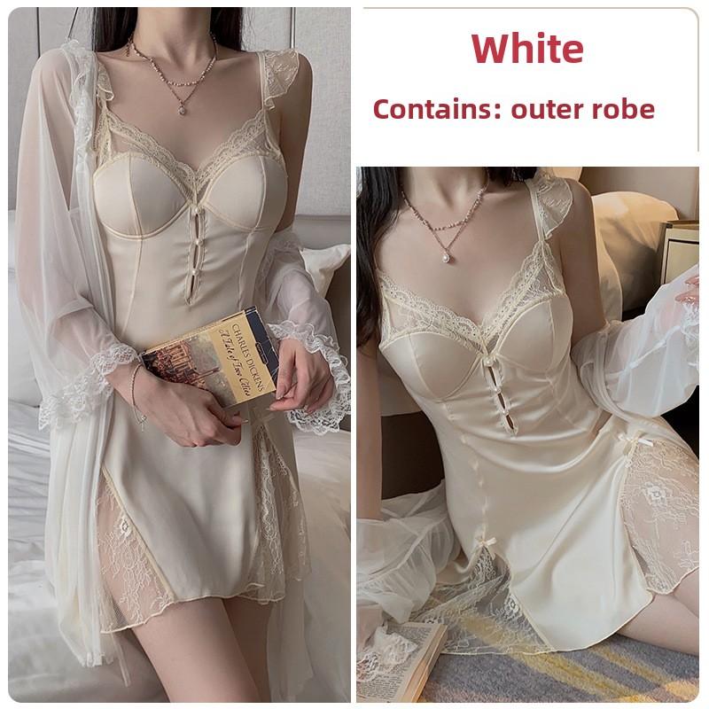 Satin Splicing Lace Perspective Sexy Deep V Plus Chest Pad Suspender Nightdress Robe Home Set