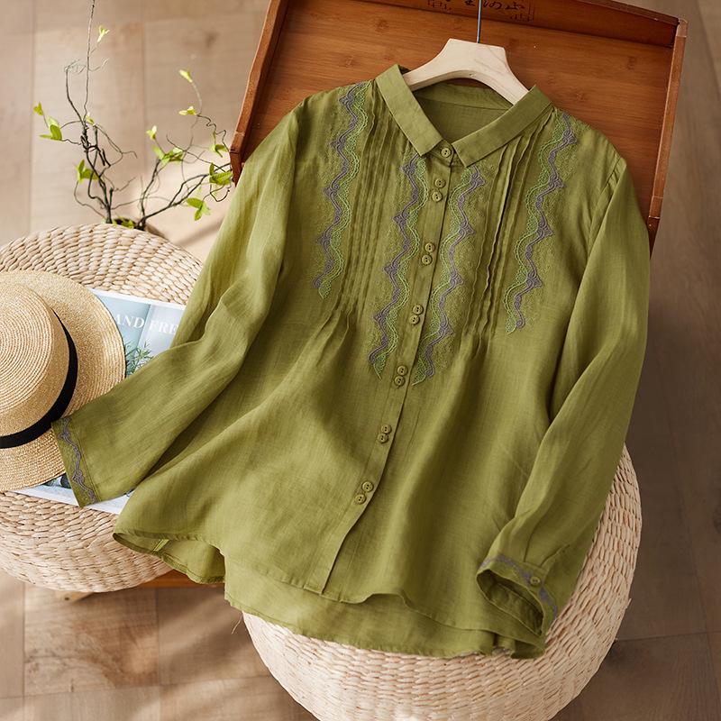 Women's Artistic Retro Embroidered Cotton Linen Shirt - Loose Casual Spring 2026