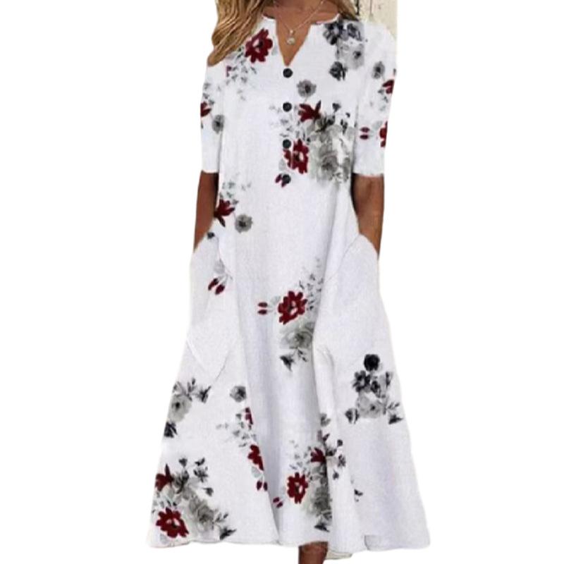 Floral Print V-Neck Mid-Sleeve Casual Dress with Pockets, Button Front, Loose Fit - White/Light Blue/Pink