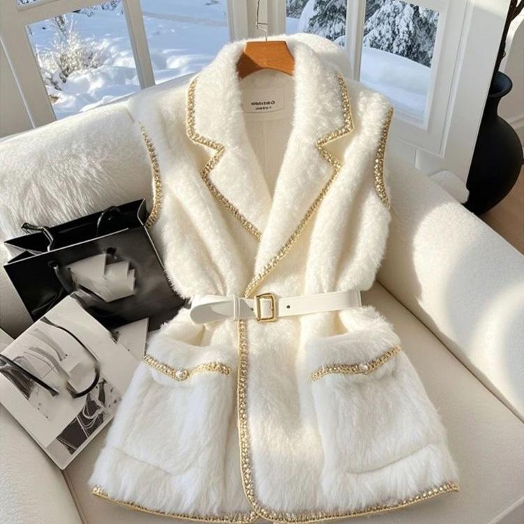 Winter Verdickt Pelzhaar Blazer Weste Jacke Goldene Seidenkante Damen Elegant Weiß Ärmellos Mantel Formell Dame