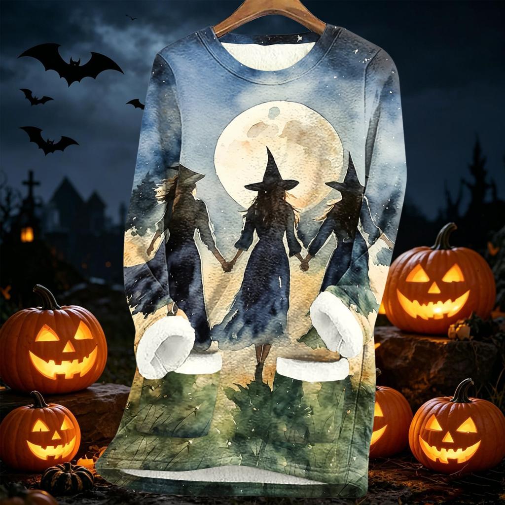 Women's Halloween Print -Lined Long Jacket for Fall and Winter Warmth