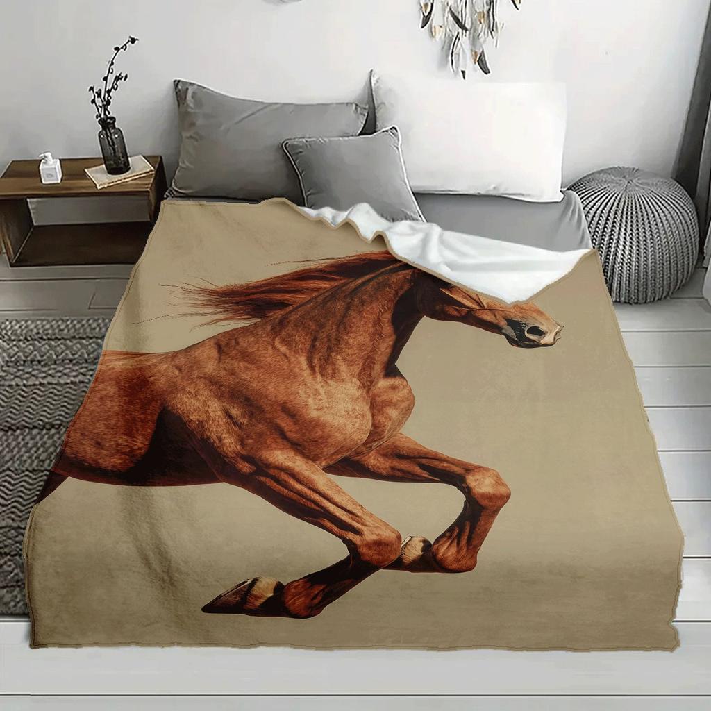 1pc Contemporary Horse Print Flannel Fleece Blanket, 100% Polyester, All Seasons, Tear Resistant, Digital Print, Animal Theme, K