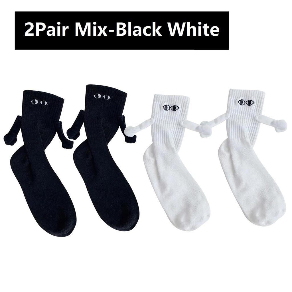 1/2Pair Fashion Socks for Adult Funny Magnetic Hand in Hand Black White  Mid-Tube Socks Cartoon Couple Socks Holiday Party Gifts