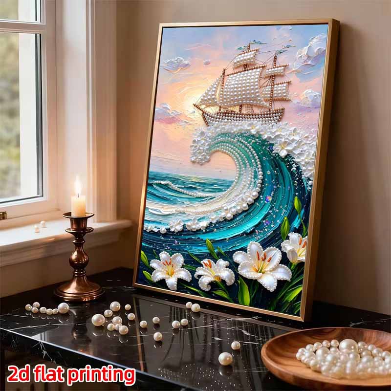 DIY Frameless Pearl Painting Kit Sailing Ship Wave 3D Shiny Bead Art Canvas Relaxing Creative Craft for Home Wall Decor Gift