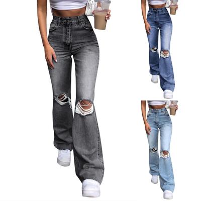 Ladies' Pocket Denim Wide Leg Pants With Holes And Slightly Flared Jeans