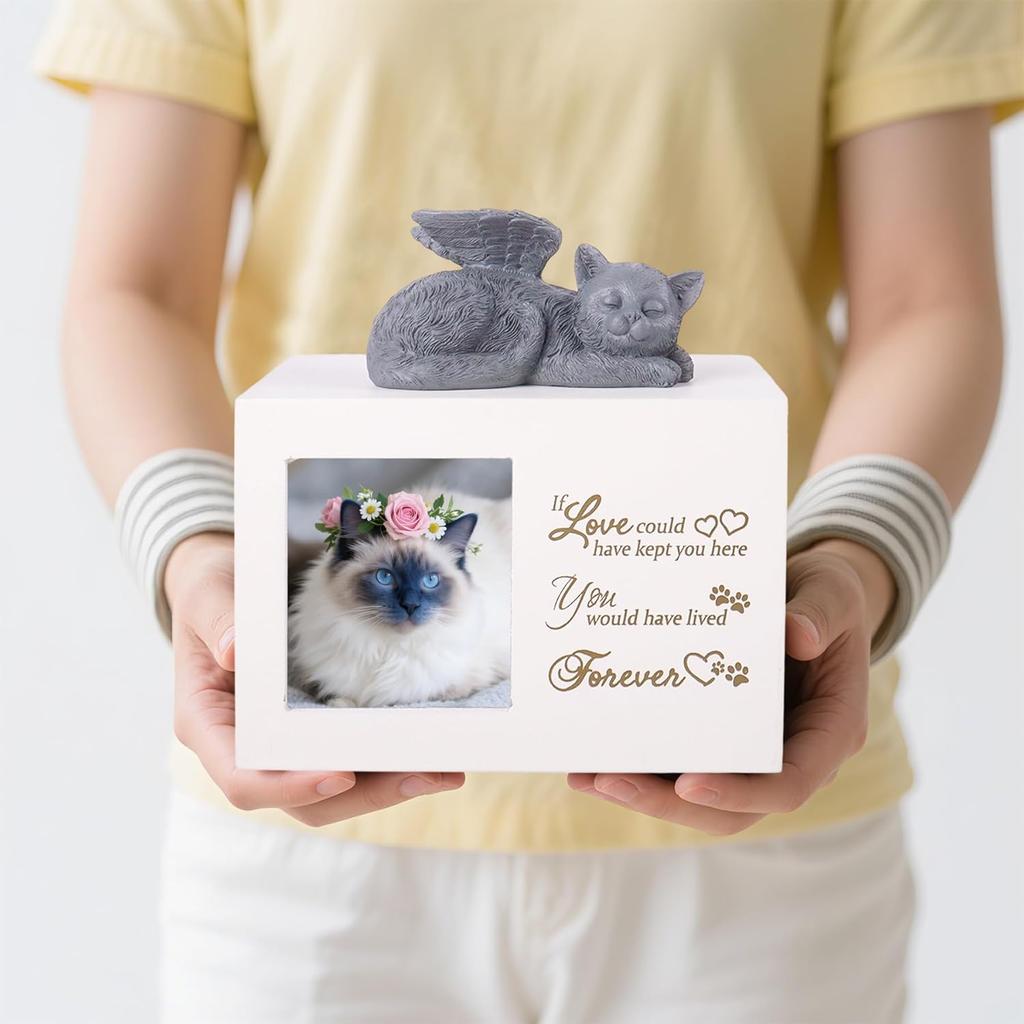 Cat Memorial Urn for Ashes - Wooden Cat Keepsake Box with Photo Frame, Resin Angel Statue & Velvet Ash Bag, Pet Loss Remembrance Gift (White)