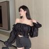 Pure desire girl one-word shoulder ruffle edge long-sleeved shirt women's design sense niche spring and autumn short chic top