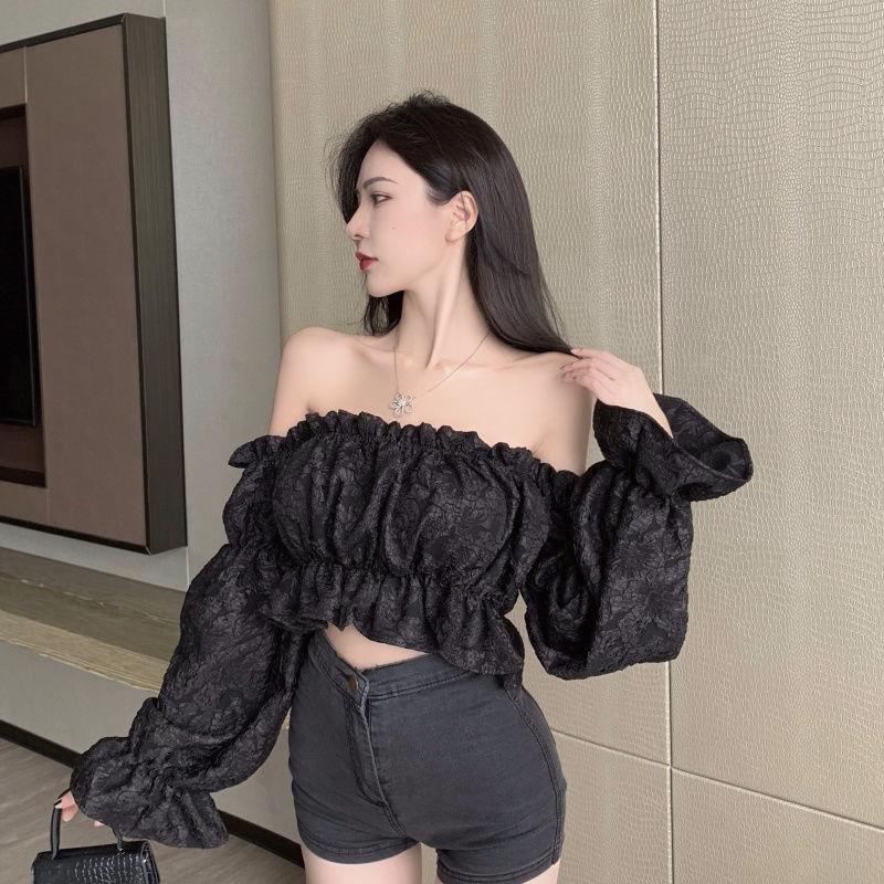 Pure desire girl one-word shoulder ruffle edge long-sleeved shirt women's design sense niche spring and autumn short chic top