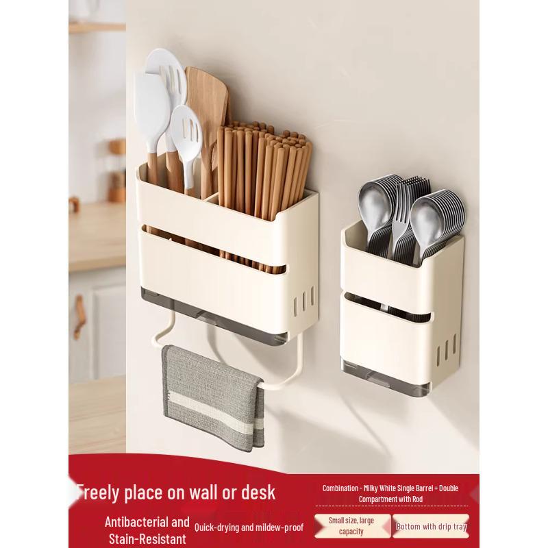 Wall-Mounted Kitchen Chopsticks & Utensil Holder with Draining Basket and Rag Rack