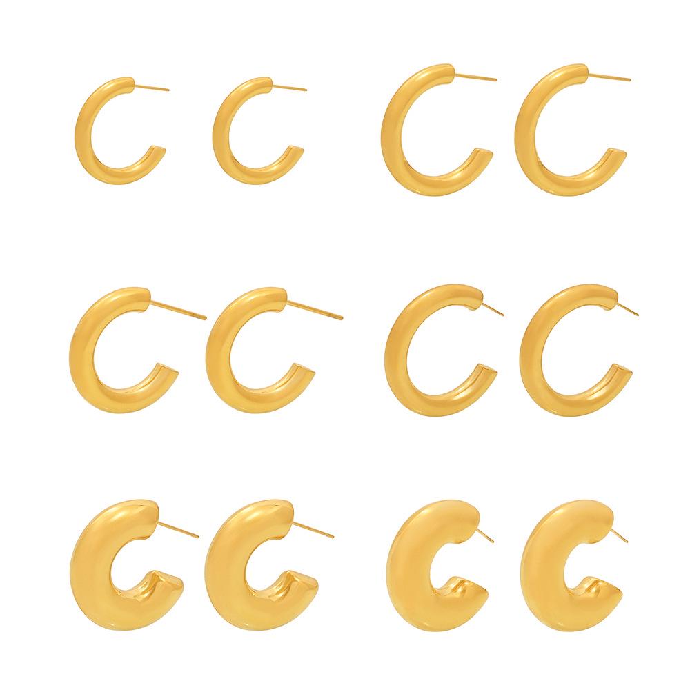 Qiong Yao Cross-border High-end Gold-plated Stainless Steel C-shaped Earrings - European & American Fashion Set with PVD Gold Color Retention.