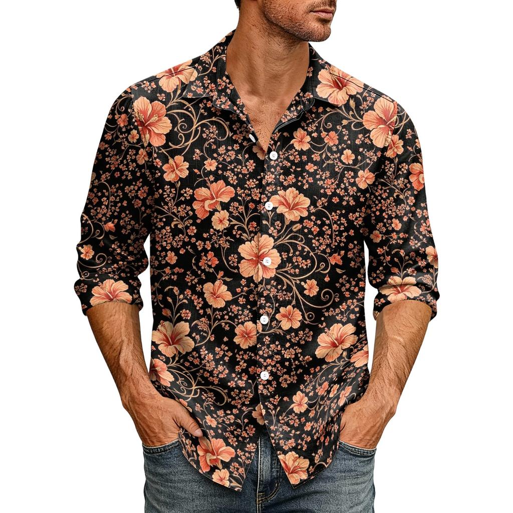 Men's Loose Fit Long Sleeve Shirt Hawaiian Style Casual Button Down Shirt with Spread Collar Suitable for Spring and Autumn