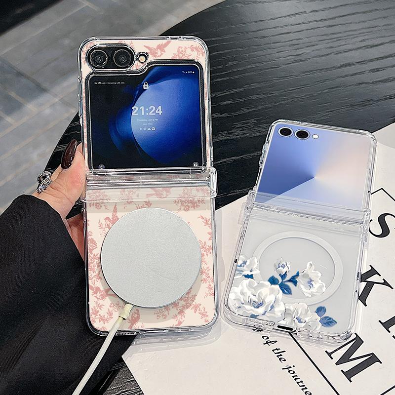 Magnetic Phone Case For Samsung Galaxy Z Flip 7 FE 7 6 5 4 Flip7 Flip6 Flip5 For Magsafe Artistic Flower Painting Clear PC Cover