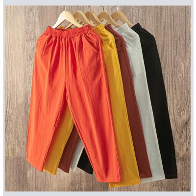 Women Summer Casual Loose Harem Pants Elastic Waist Cotton Linen Pants Ninth Trousers