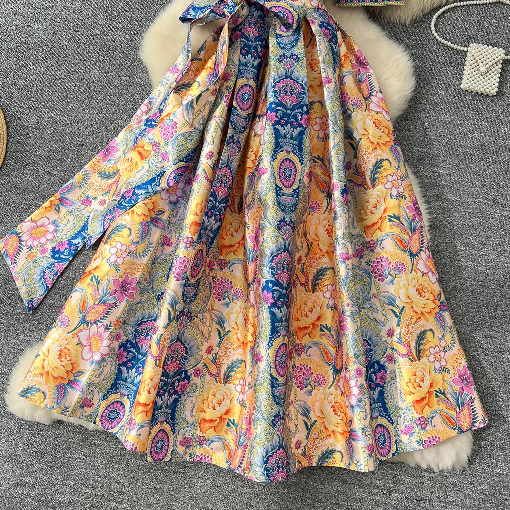 Elegant Retro Print Flower Long Dresses Women Summer Autumn Holiday Palace Style National Trench Belt V Neck Party Dress