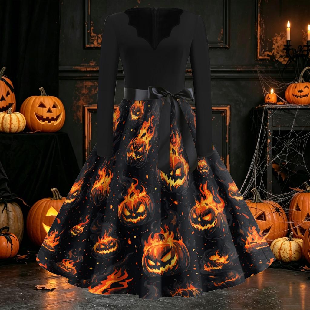Women's Long Sleeve V Neck Vintage Style Dress with Halloween Print Casual Retro Fit and Flare Midi Dress with Waist Tie for Everyday Wear