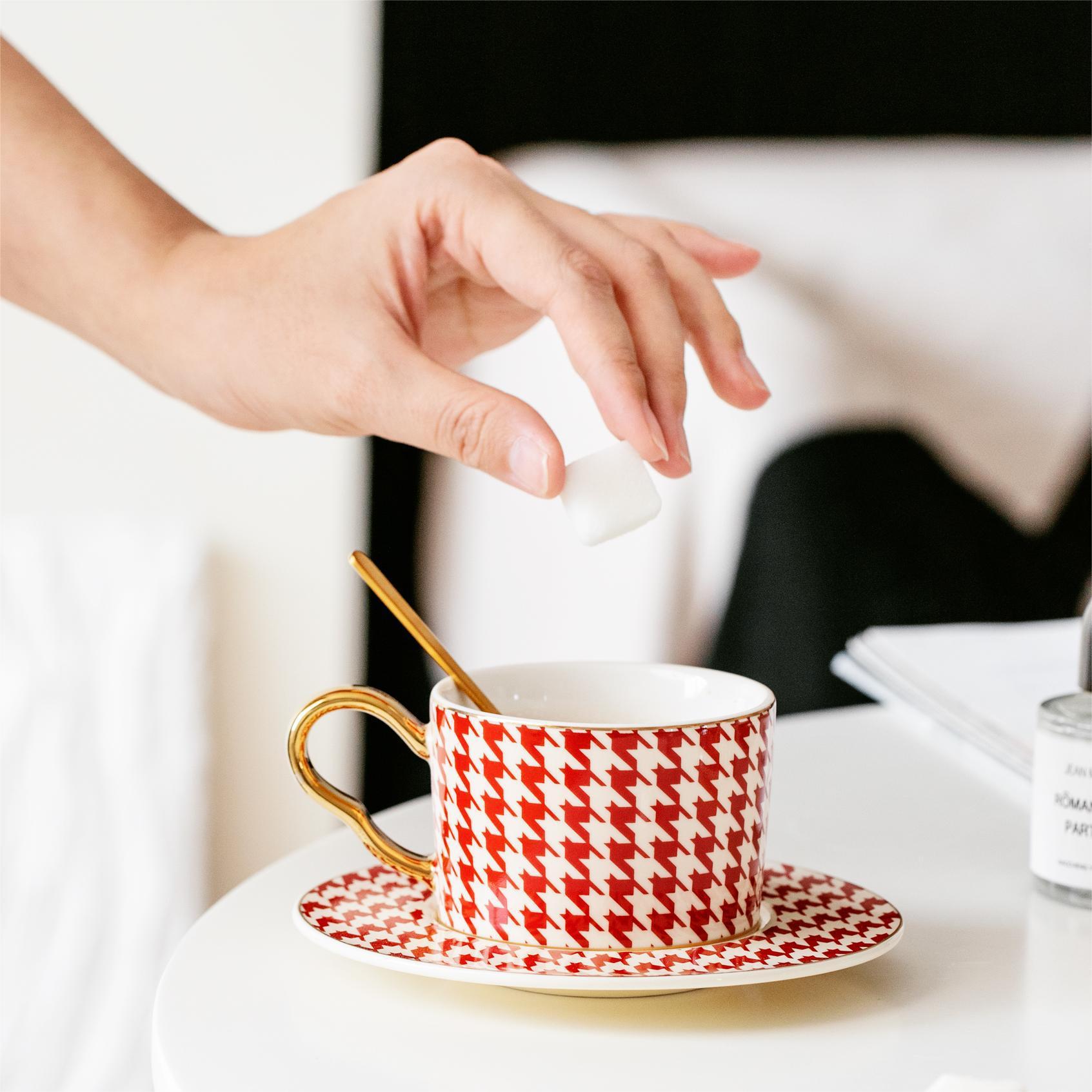 Yiran Bag Men's Gold National Trend Houndstooth Ceramic Cup Trawn Hand Trapped Coffee Cup With Spoon Mug Water Cup And Wo Flower Tea Cup