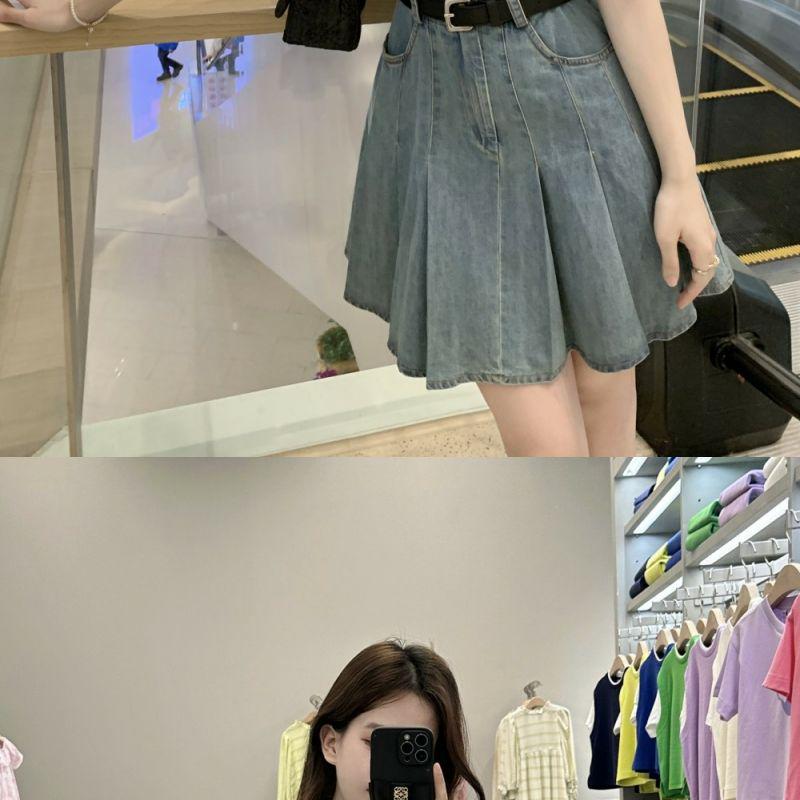 French Style Slim Denim Dress with Pleated Skirt & Belt