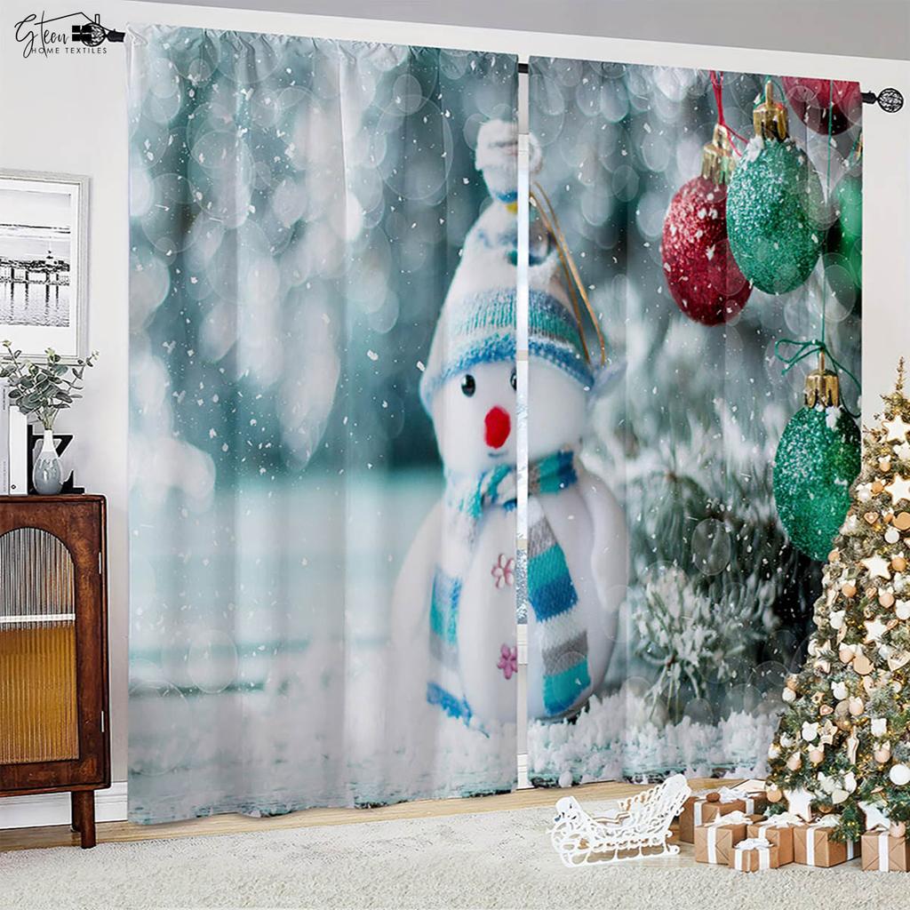 Christmas Decoration Curtains Christmas Tree Santa Claus Gift Snowman Living Room Children's Room New Year Holiday Curtains 2PCS