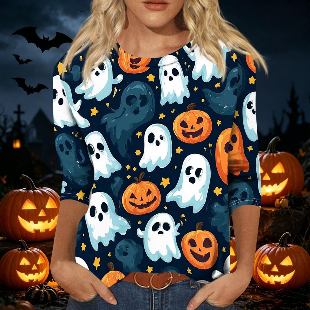 Women Casual Three Quarter Sleeve Halloween Print Round Neck Top Lightweight Comfortable Fit Seasonal Shirt for Everyday Wear