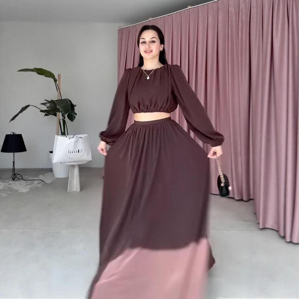 Herbst 2025 Damen Rundhals Langarm Top & A-Linien Rock Set