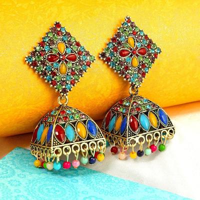 Elegant Earrings For Women Geometric Traditional Earrings Floral Design Gold Plated Cubic Zirconia Jhumka Drop Earrings Gift For Sister