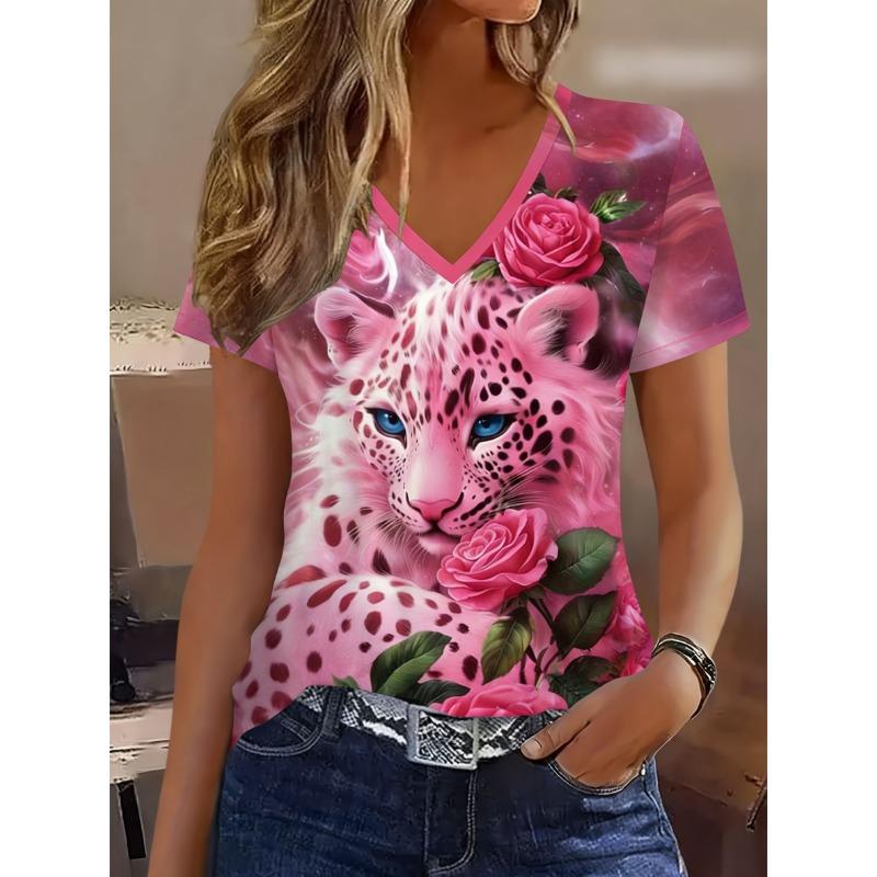 T-shirt estiva casual da donna con scollo a V e maniche corte, con alla moda stampa 3D, adatta per uscite o per stare a casa