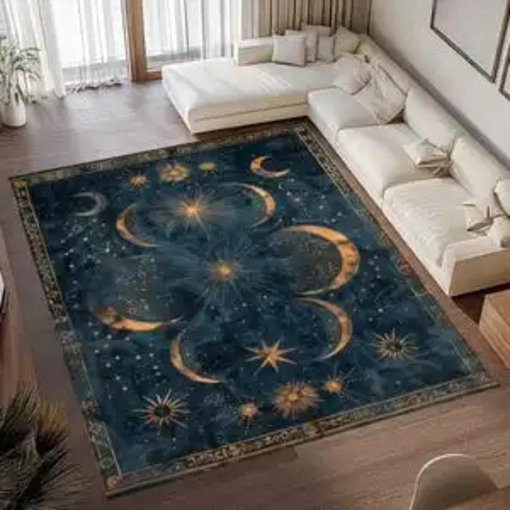 Starry Night Sky Moon and Stars Pattern Rug Celestial Decor Carpet Elegant Bedroom Living Room Floor Mat with Cosmic Design