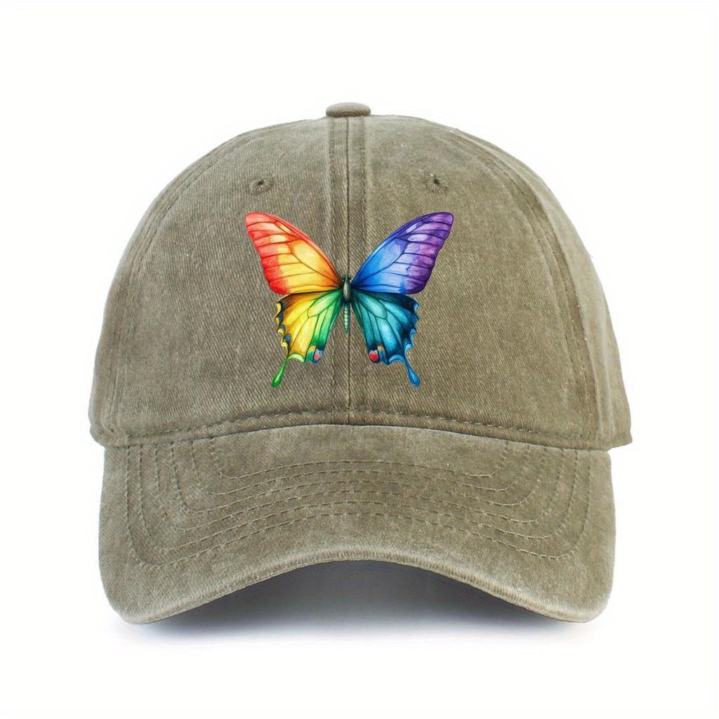 Rainbow Butterfly Print Polyester Baseball Cap Distressed Denim Style Casual Outdoor Adjustable Hat
