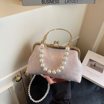 Embroidered Small Bag Women's New Pearl Chain Messenger Bag Summer High-end Mouth Gold Bag