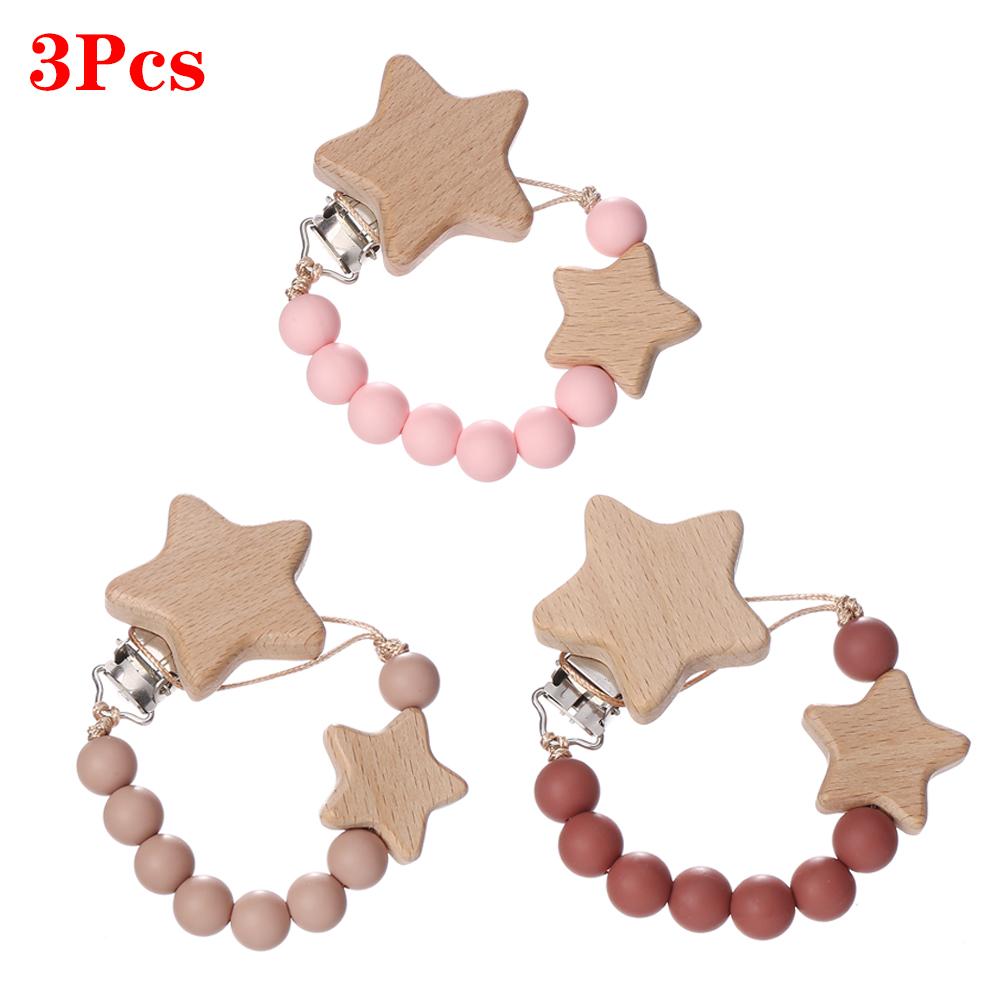 3Pcs Beech Wooden Star Pacifier Baby Pacifier Clip Nipple Holder Dummy Holder Pacifier Clip for Baby Nursing Toys Accessory
