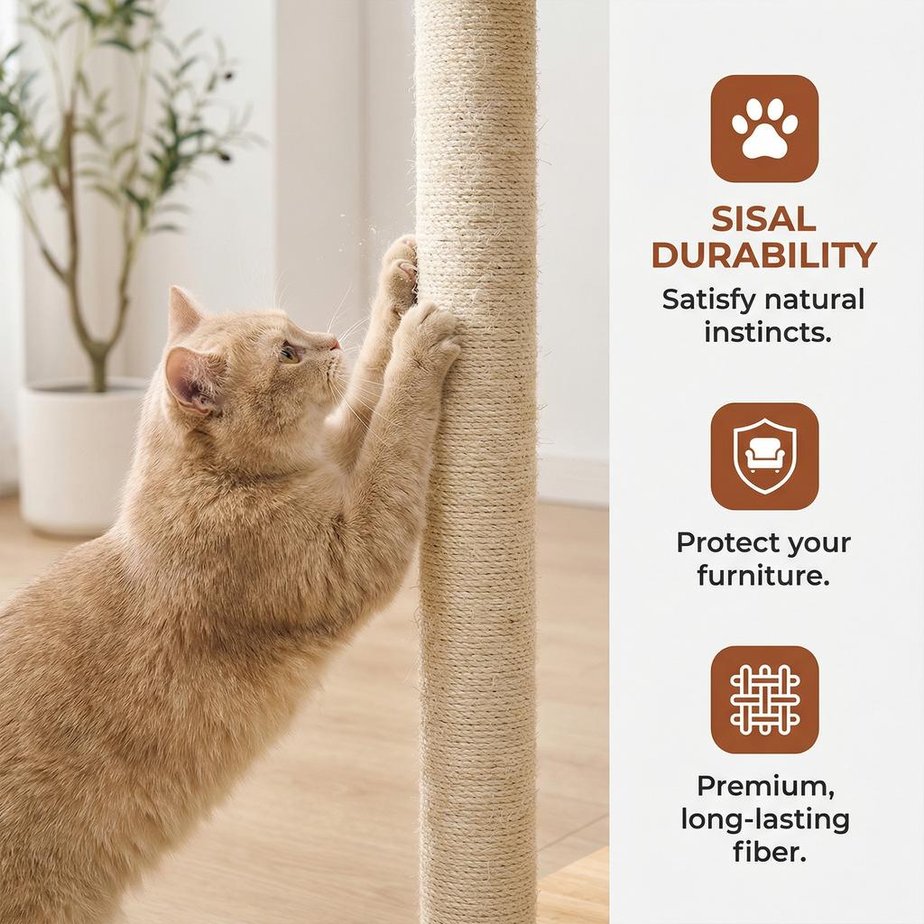 Solid Rubber Wood Cat Jumping Platform with Scratching Posts Cat Scratching Ball and Board Washable for Large & Multi-Cat Homes