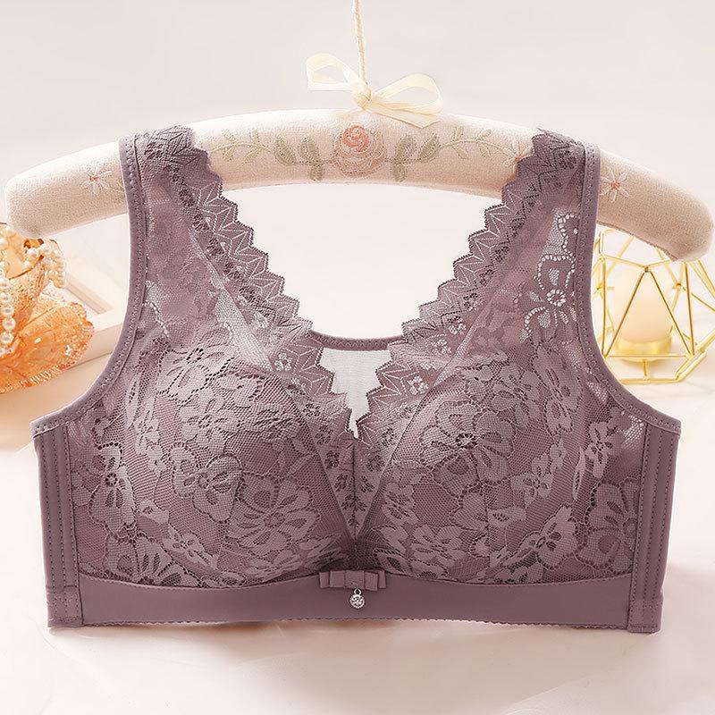 Wireless Lace Push-Up Bra Non-Wired, Large Size, Seamless, Comfortable Side Support, Floral Pattern, Contrast Lace Detail