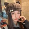 Classic Plaid Wool Beret with Cute Cat Ears - Artistic Painter Style for Autumn/Winter