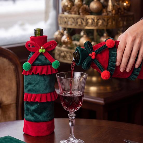 Cute Wine Bottle Costumes Christmas Cover with Bow & Pom Pom, Drawstring Red Gift Wrapping Supplies Green Wrap for Holiday Table Decor, Party