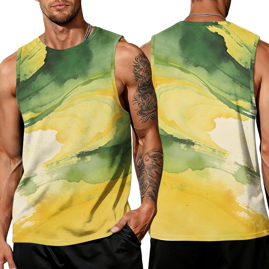 Men's Casual Sleeveless Tank Top Sport Breathable Lightweight Muscle Shirt with Abstract Ink Splash Print for Outdoor Gym Training