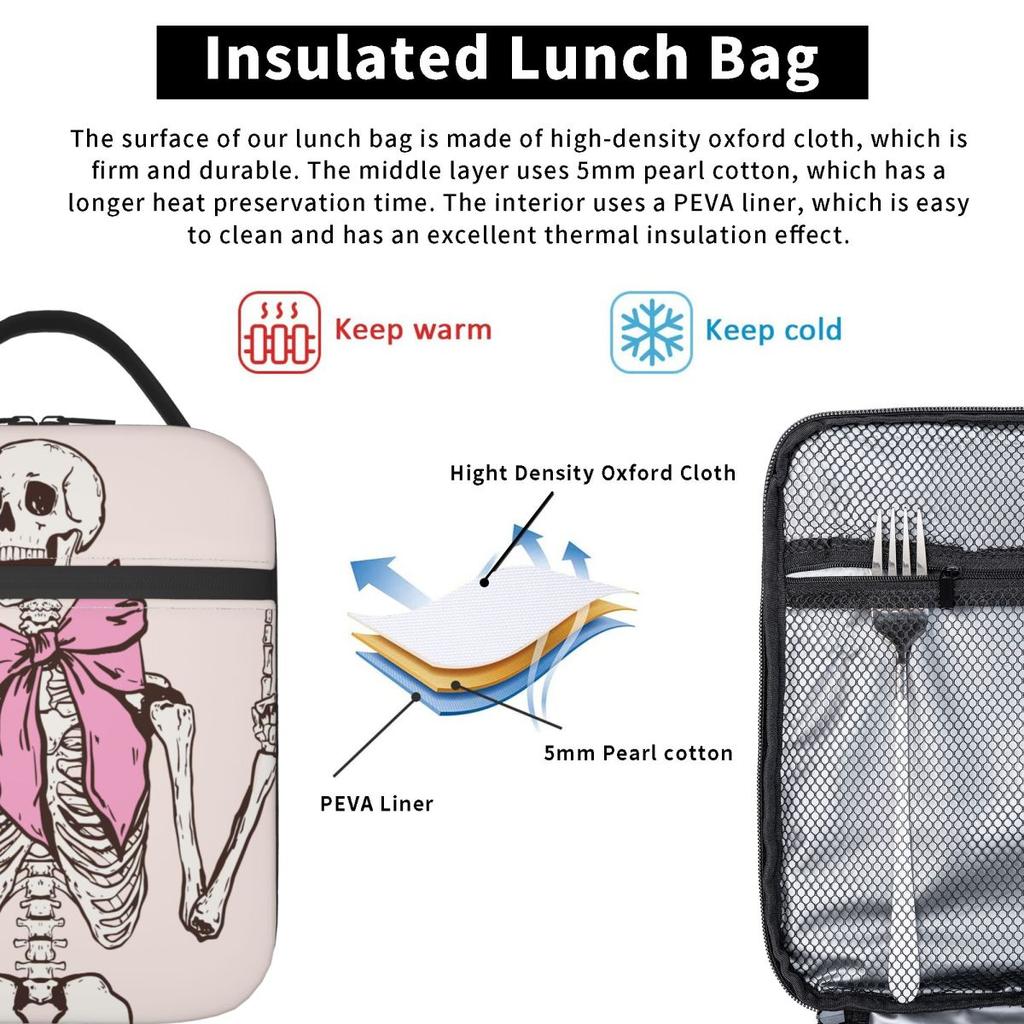 Pink Skull Girl Pattern Insulated Lunch Bag for Women Office Cooler Thermal Food Box Tote Portable Lunch Boxes Container