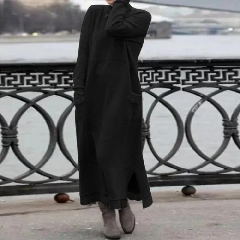 Yeni Sonbahar ve Kış Gevşek Uzun Etek Artı Kadife Sweatshirt Günlük Elbise Kadın Moda Düz O Yaka Uzun Kollu Tatil Elbisesi