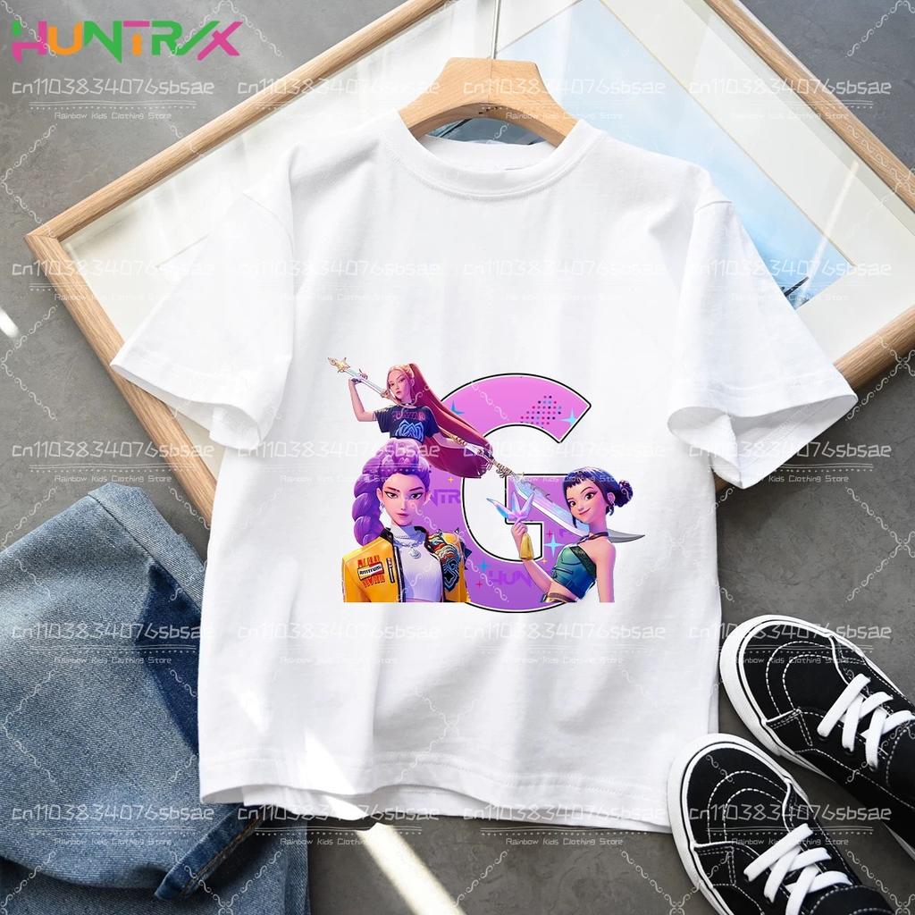 Toddler Girl Clothes Huntrx Mira Rumi Zoey Letter A-Z Cartoon Tee Shirt Funny Gift Fans Harajuku Cool Kids T-shirts Summer Tops