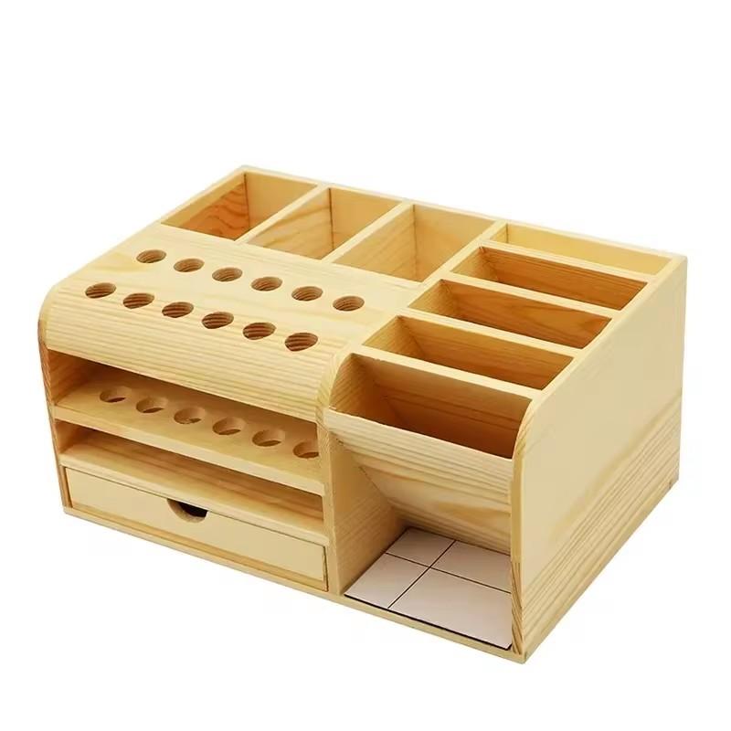 Multi-Section Wooden Tool Tray Designed for Mobile Repair Accessories Including Screwdrivers, Tweezers, and Pliers