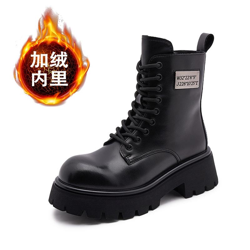 Leather Martin Boots Women's 2025 Winter New Medium Tube Women's Boots Thick-soled Heightening Velvet British Style Versatile Short Boots