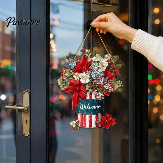 Christmas Door Hanging Sign Welcome for Front Door, Rustic Wooden Ornament, Festival Theme Wall Decoration Decor with Lanyard Holiday Home Window