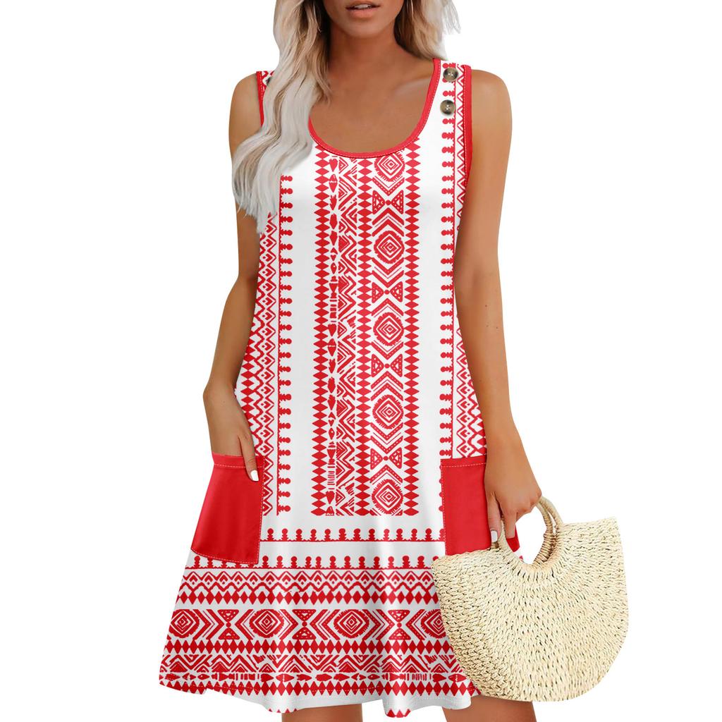 Summer Dresses For Women Beach Boho Sleeveless Printing Flowy Pocket Tshirt Tank Sundresses