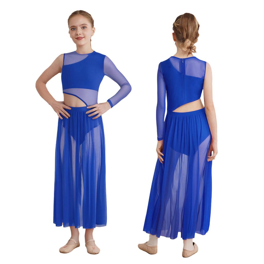 Abito da danza lirica moderno per ragazze girocollo rete trasparente con fianchi cut-out