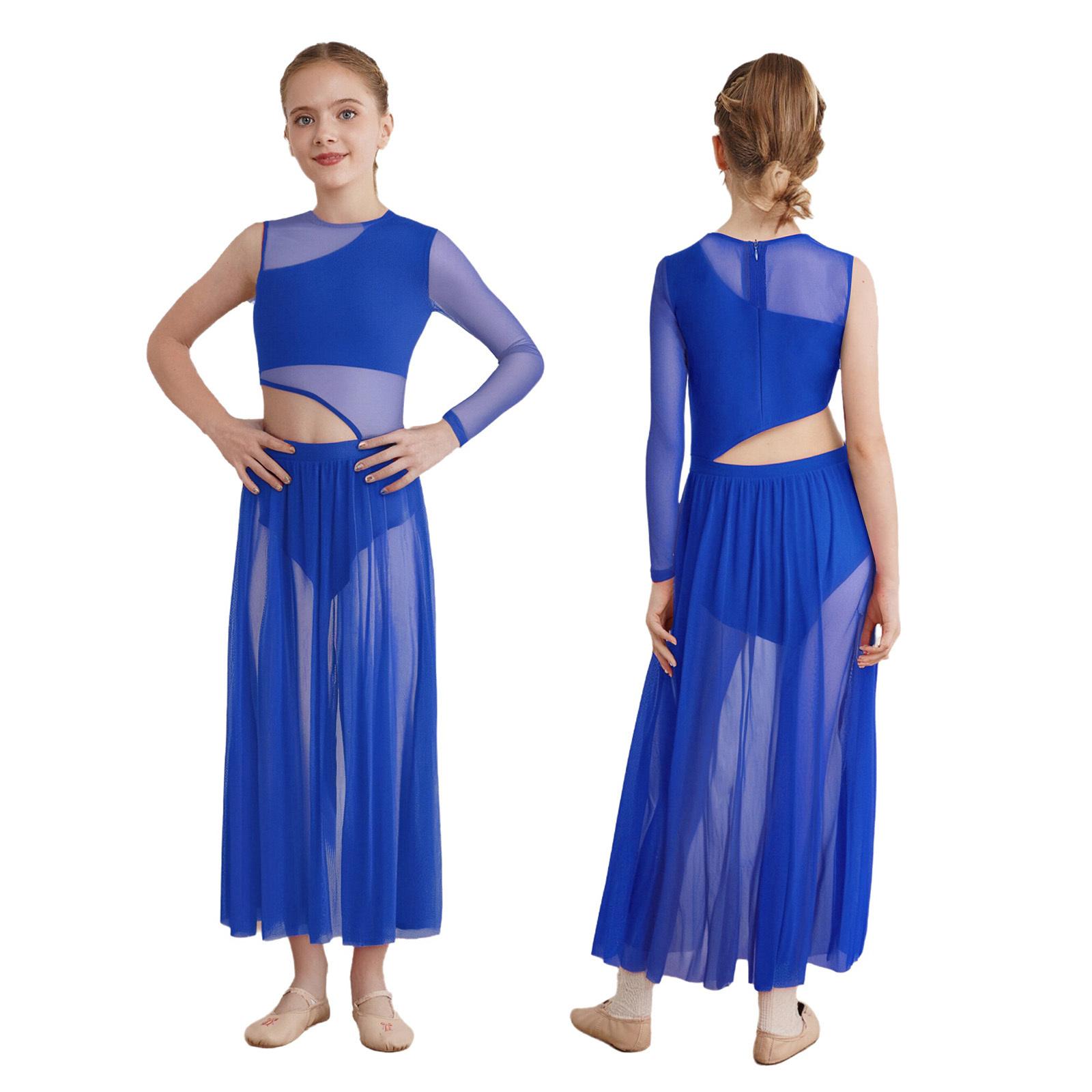 

Сучасна лірична танцювальна сукня для дівчаток Кругла горловина Прозора сітка з вирізами з боків 5-6 Years синій