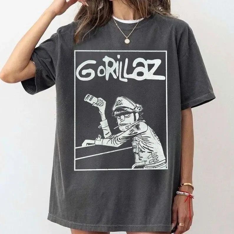 Gorillaz 2-D Виртуальная группа Портрет Графика Винтажная Кислотная стирка Оверсайз Уличная одежда Хип-хоп Фан-мерч Футболка Топ для фанатов Gorillaz Любителя музыки 4XL