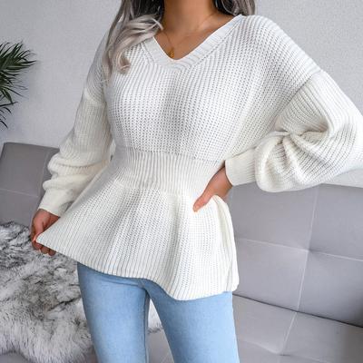 Women's Autumn/winter Lantern Sleeve Tucked Waist Hem Ruffled Knit Sweater