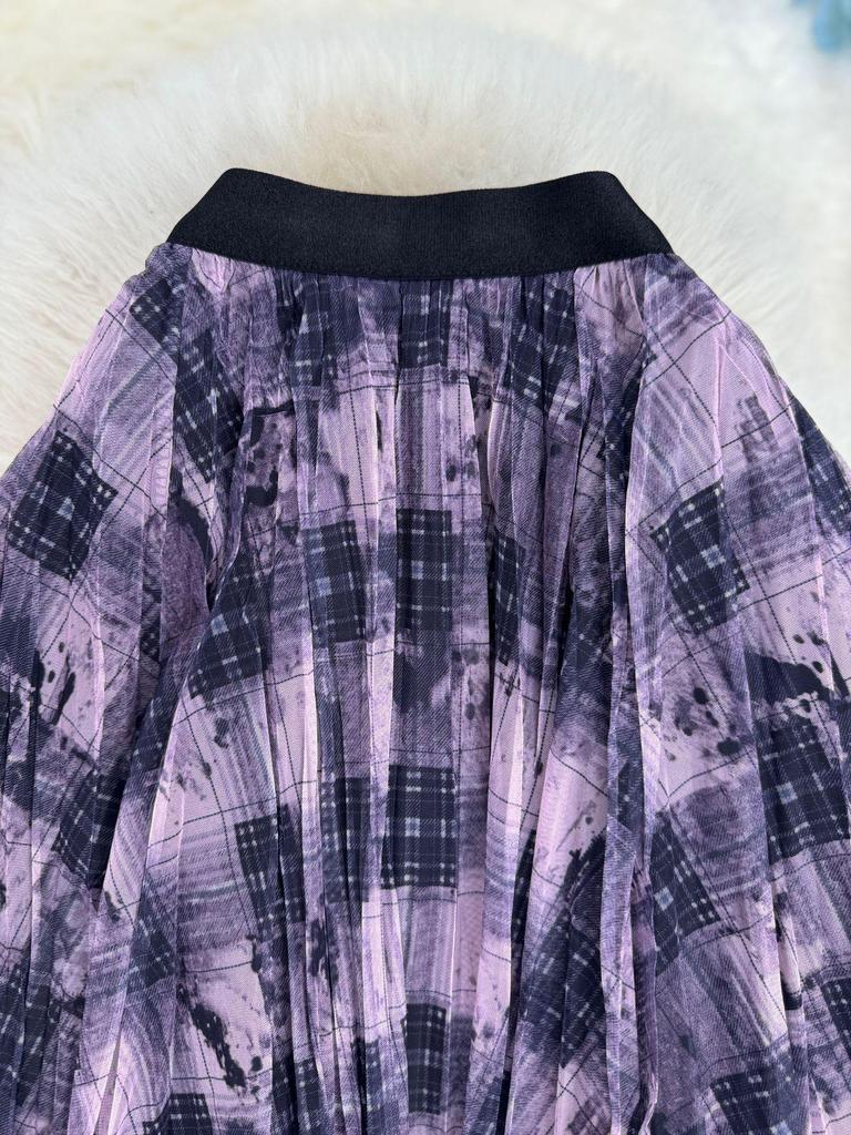 Retro Artistic A-Line Plaid Mesh Midi Skirt