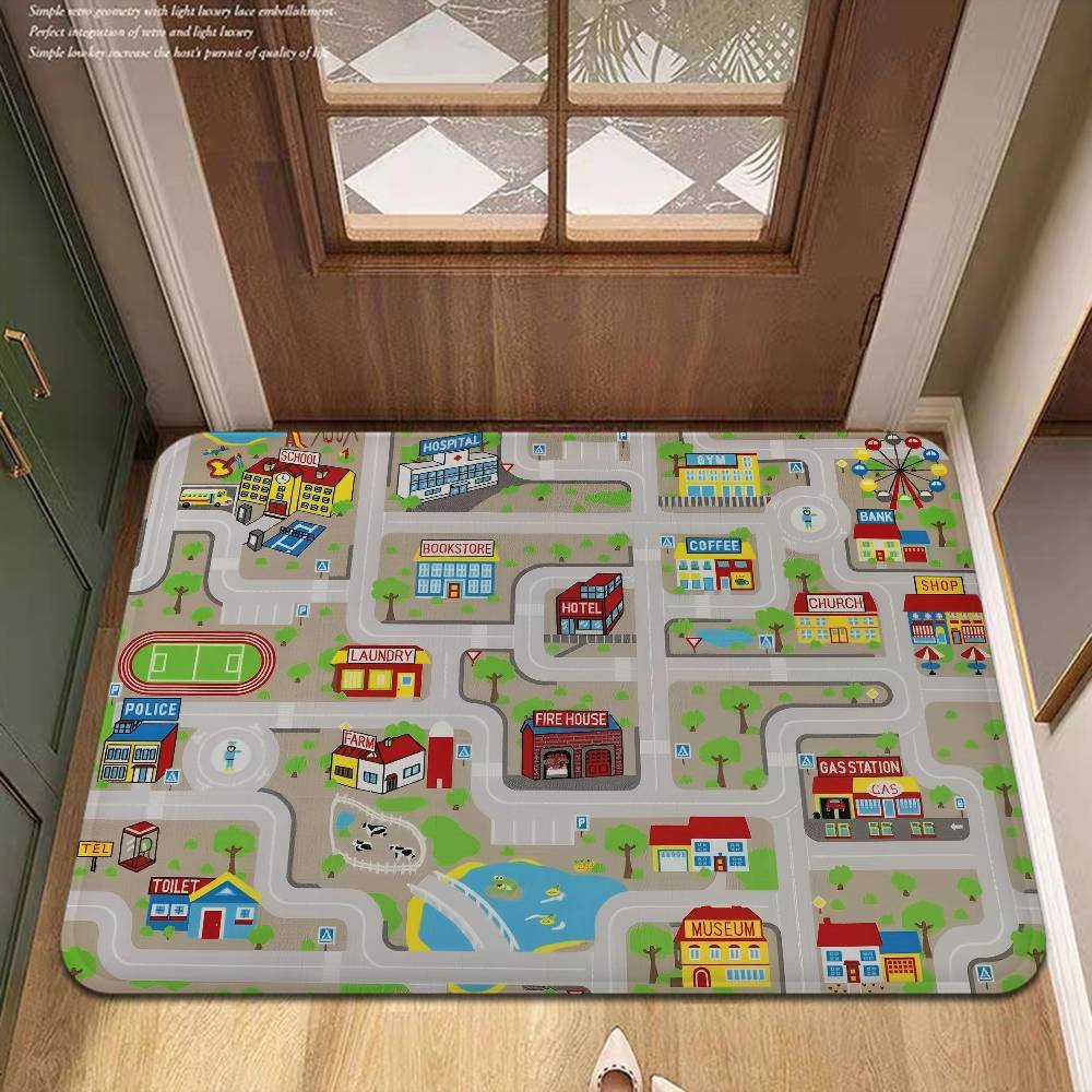 Child Urban City Road Traffic Learning Interactive Game Kitchen Mat Kids Room Bedroom Decoration Balcony Anti-Slip Doormat