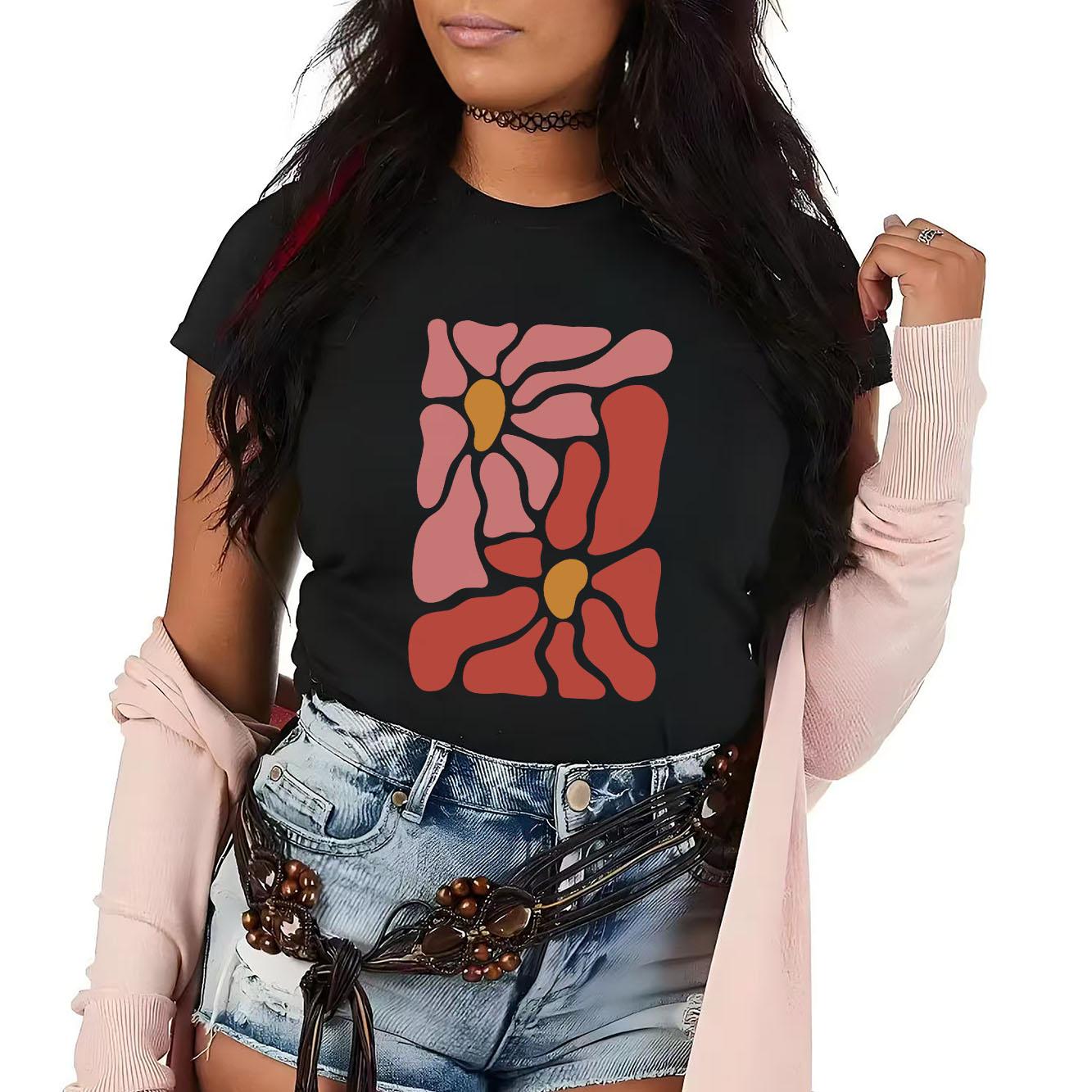 Fashionable and minimalist printed Tshirt casual short sleeved round neck versatile Womens Tshirt S